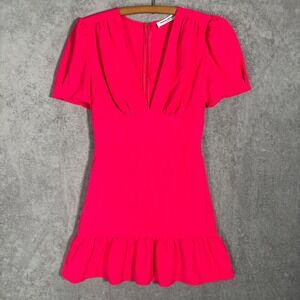 Amanda Uprichard Rosen Dress Begonia Puff Sleeve V-Neck Ruffle Mini Dress S